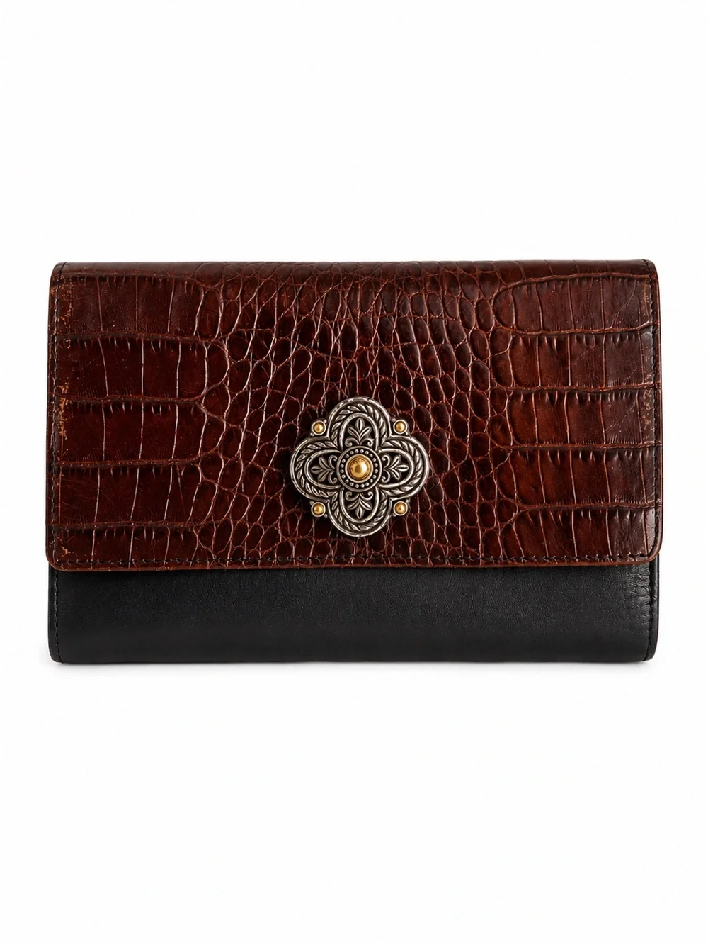 Brighton Brown Croc Embossed Black Leather Organizer Wallet Clutch
